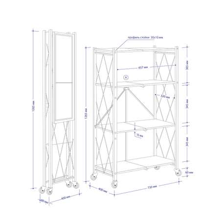 Стеллаж металлический ГЕЛЕОС 730х400х1265 мм складной напольный на колесиках