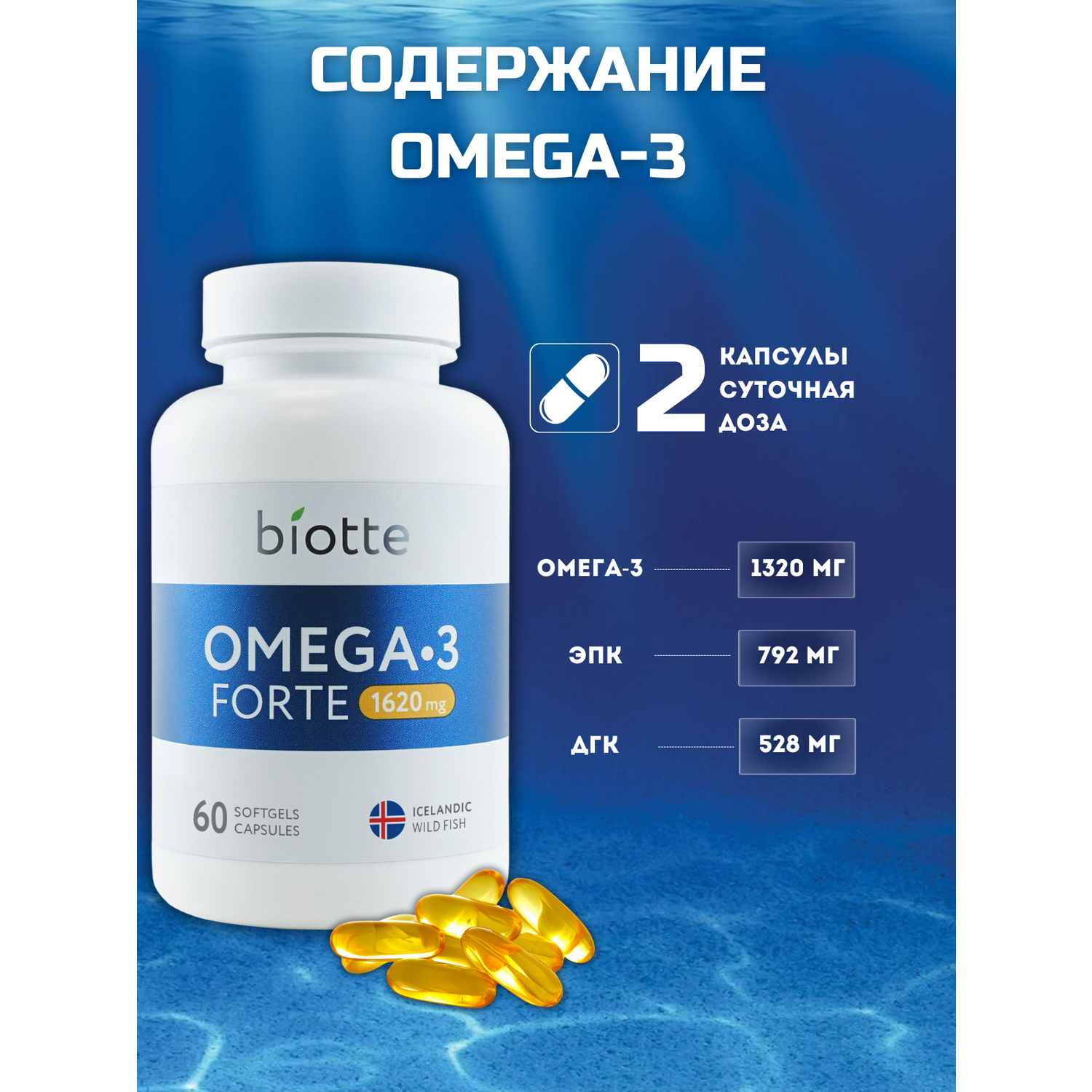 Омега-3 форте в капсулах BIOTTE премиальный рыбий жир для взрослых и подростков 180 капсул - фото 2