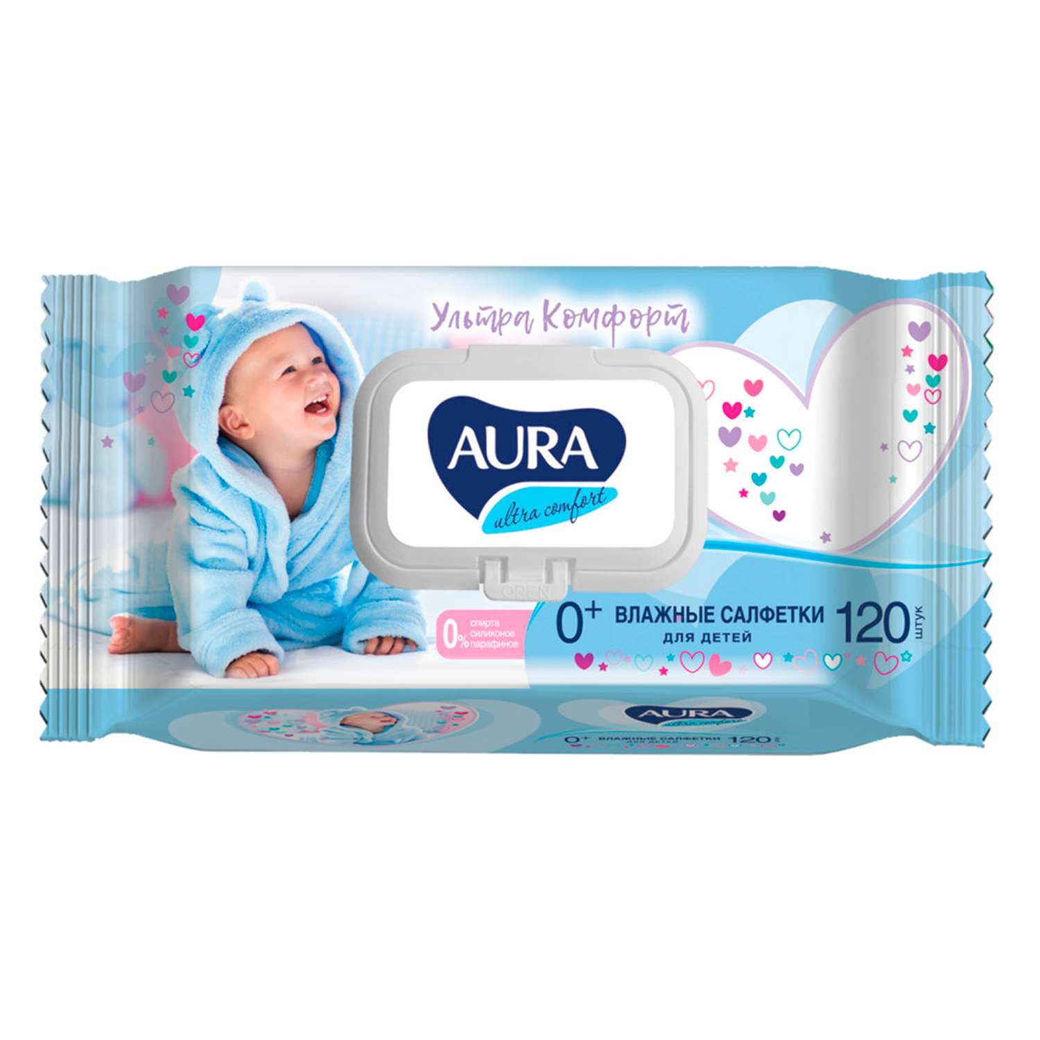 Влажные салфетки AURA Для детей Ultra comfort с экстрактом алоэ и витамином Е 120 шт - фото 1