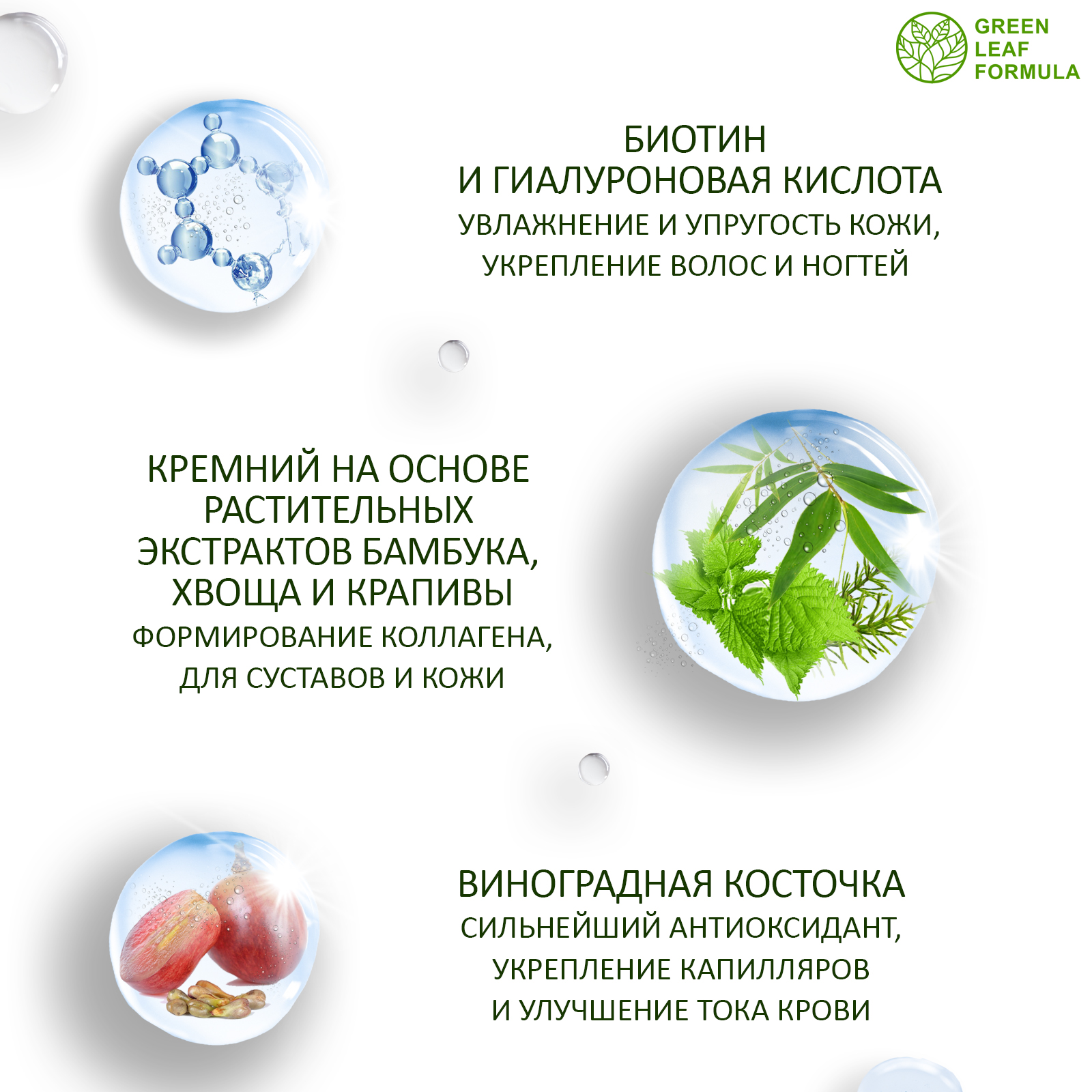 Витамины для кожи волос ногтей Green Leaf Formula для женщин биотин кремний астаксантин антиоксиданты - фото 9