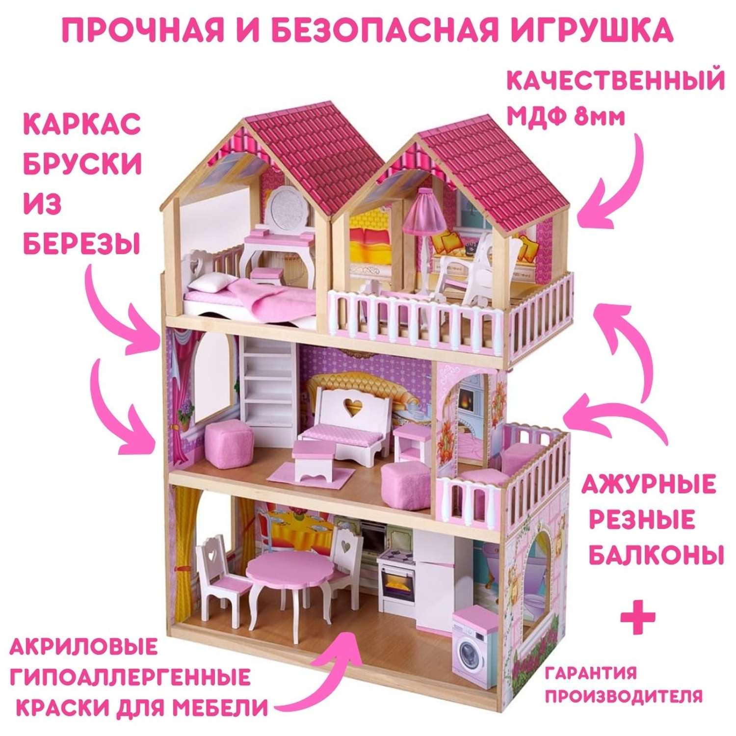 Кукольный домик SunnyWoods с мебелью и светом деревянный Серафима SNM202002 - фото 12