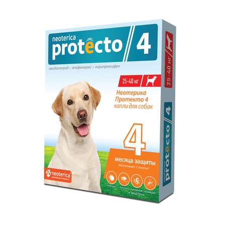 Капли на холку для собак Protecto 4 25-40кг от блох и клещей 4мл