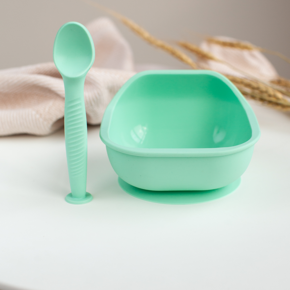 Набор детской посуды iSюминка Силиконовая тарелка на присоске и ложка Мятная - фото 9
