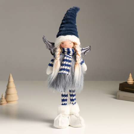 Кукла интерьерная Зимнее волшебство «Ангелочек в серо-синем наряде серебристые крылья» 44 см