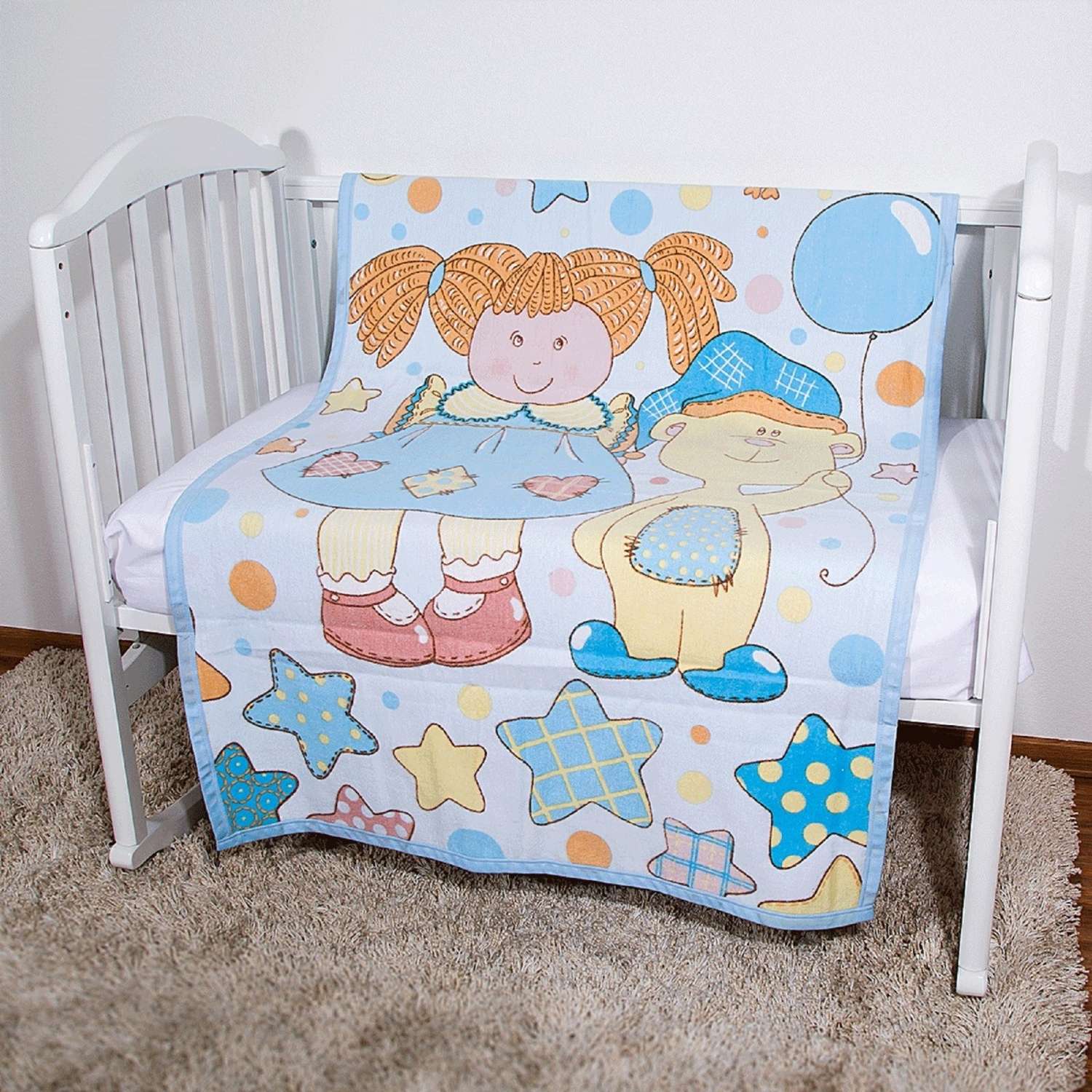Одеяло байковое Baby Nice 100х140 голубое Девочка с мишкой - фото 3