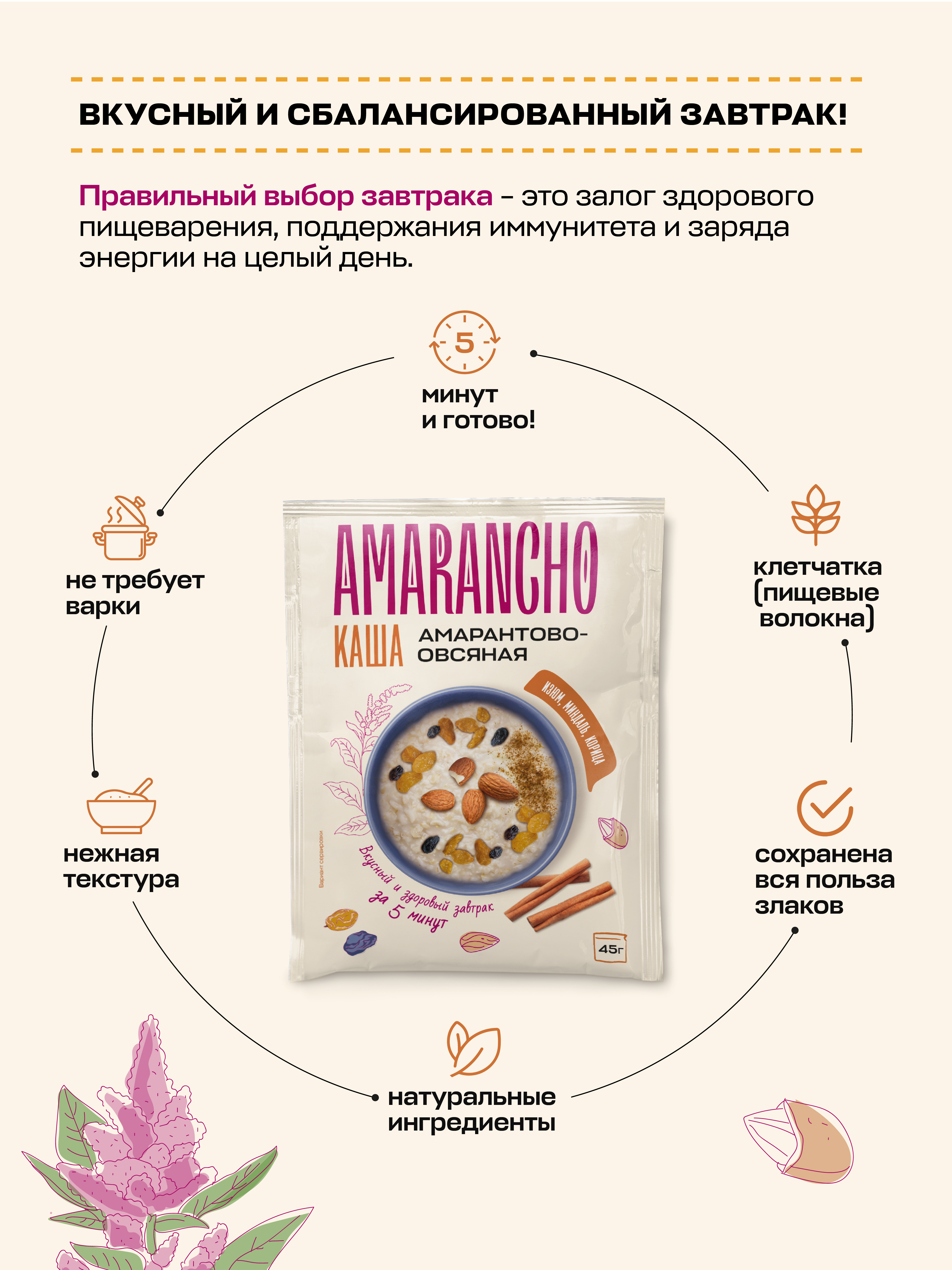 Каша амарантово-овсяная Amarancho с изюмом миндалем и корицей - фото 2