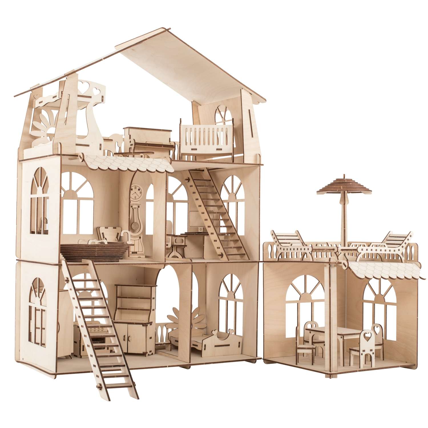 Деревянный конструктор ХэппиДом Кукольный дом для лол с пристройкой и мебелью Premium HK-B011 - фото 1