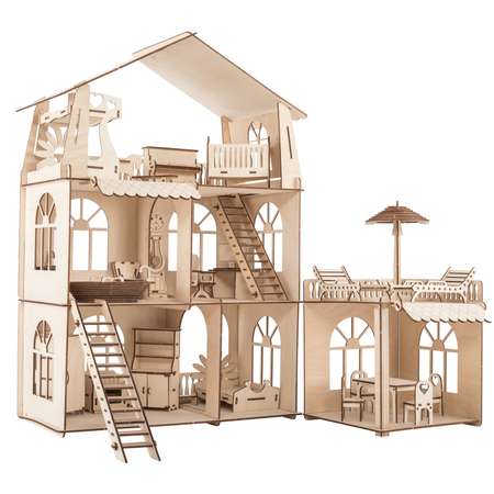 Деревянный конструктор ХэппиДом Кукольный дом для лол с пристройкой и мебелью Premium