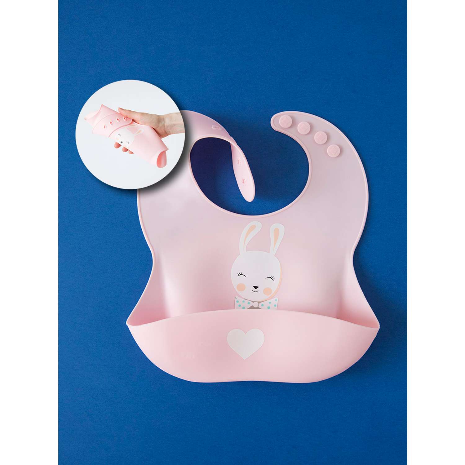 Нагрудник силиконовый Baby Nice с кармашком 31х23 Любимый кролик розовый - фото 2