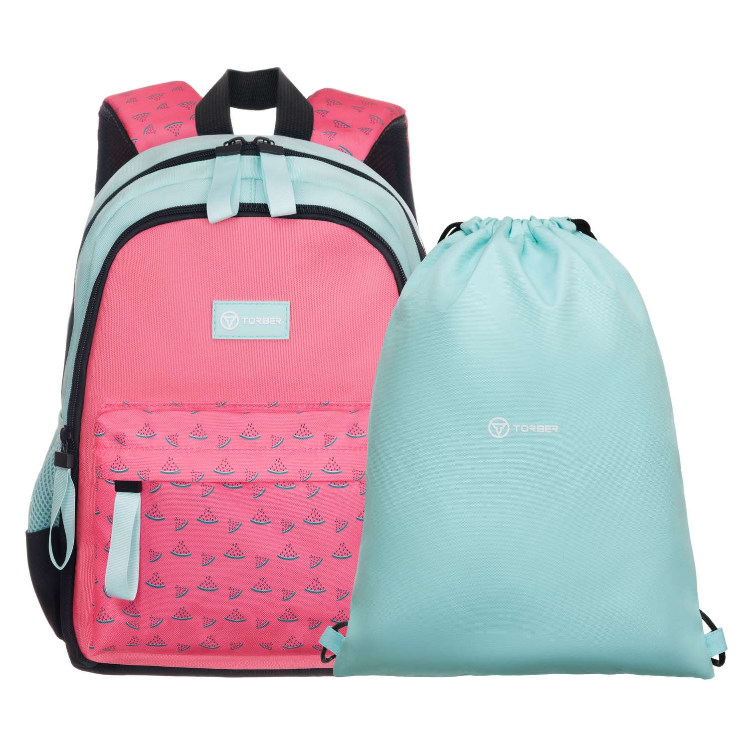 Рюкзак TORBER CLASS X Mini розовый зелёный с орнаментом и Мешок для сменной обуви - фото 1