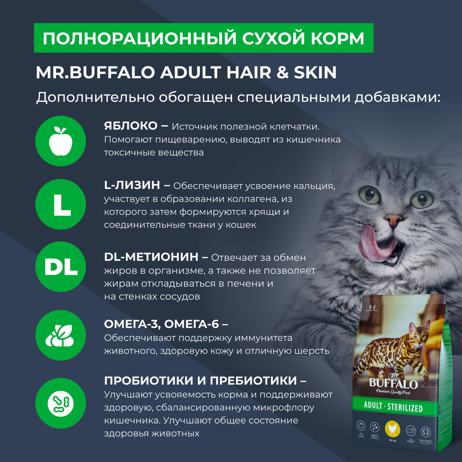 Корм для кошек Mr.Buffalo Castrated стерилизованных с курицей сухой 10кг - фото 4