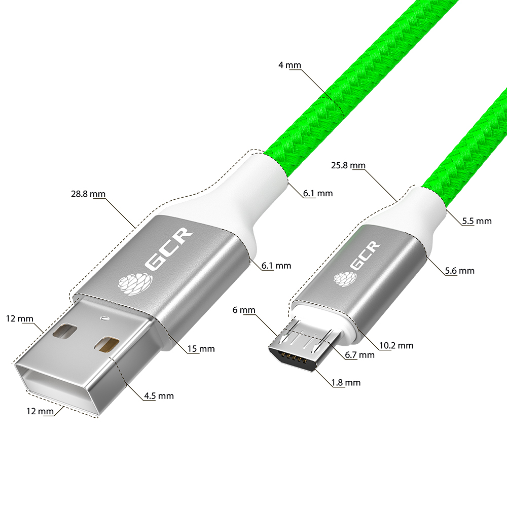 Кабель GCR 1.0m MicroUSB быстрая зарядка в зеленой нейлоновой оплетке GCR-52470 - фото 3