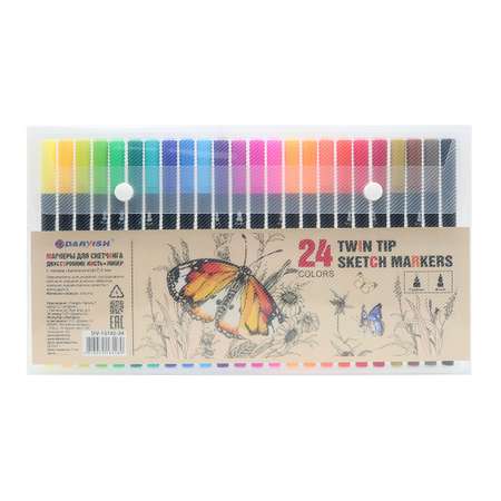 Маркеры для рисования Darvish скетчинга двусторонние тонкие 24 цветов кисть и линер 0.4 мм