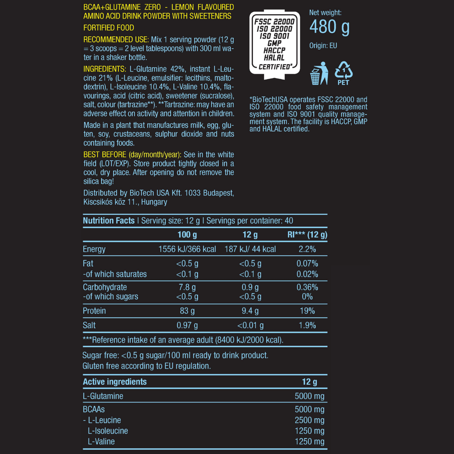 БЦАА BiotechUSA BCAA+Glutamine Zero 480 г. Лимон - фото 2