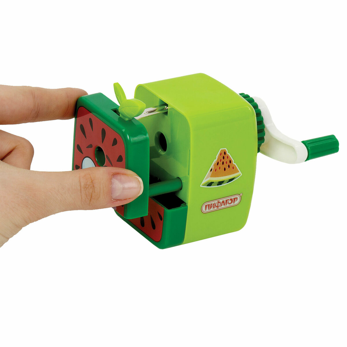 Точилка механическая Пифагор настольная для карандашей с контейнером для стружки зеленая с красным - фото 5