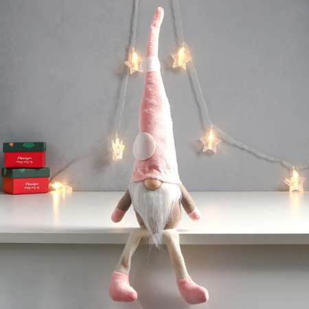 Кукла интерьерная Зимнее волшебство «Дед Мороз в розовом колпаке с кружочками» длинные ножки 56х13х9 см