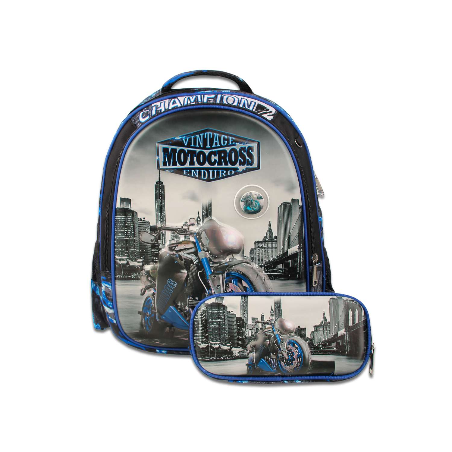 Рюкзак школьный с пеналом Little Mania Мотоциклы синий - фото 1