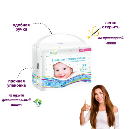 Пеленки одноразовые Nappy 40х60 впитывающие гипоаллергенные 30 штук