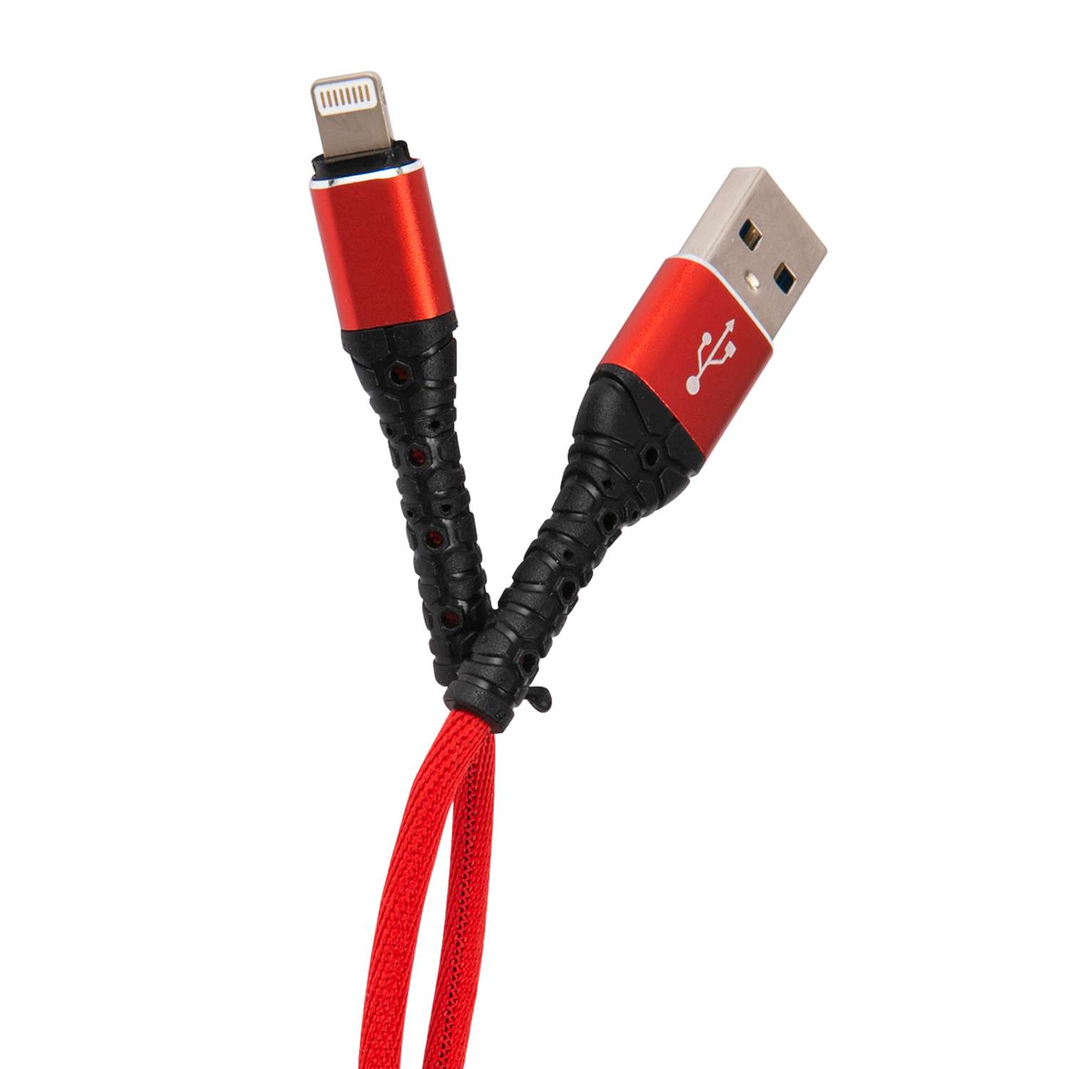 Дата-кабель mObility USB – Lightning 3А тканевая оплетка красный - фото 2