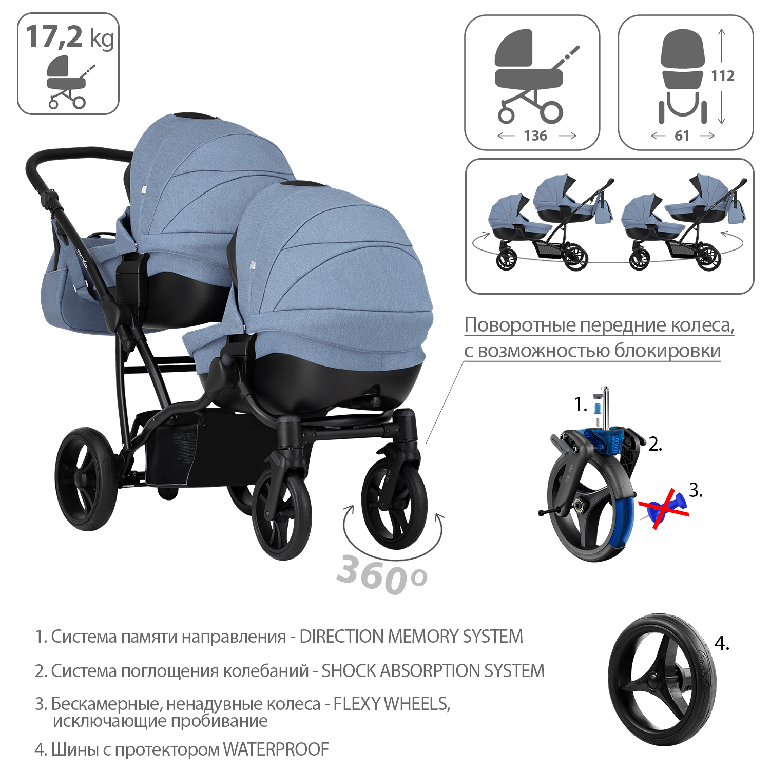 Коляска для двойни 2в1 Bebetto 42 Comfort 02 шасси Черное - фото 4