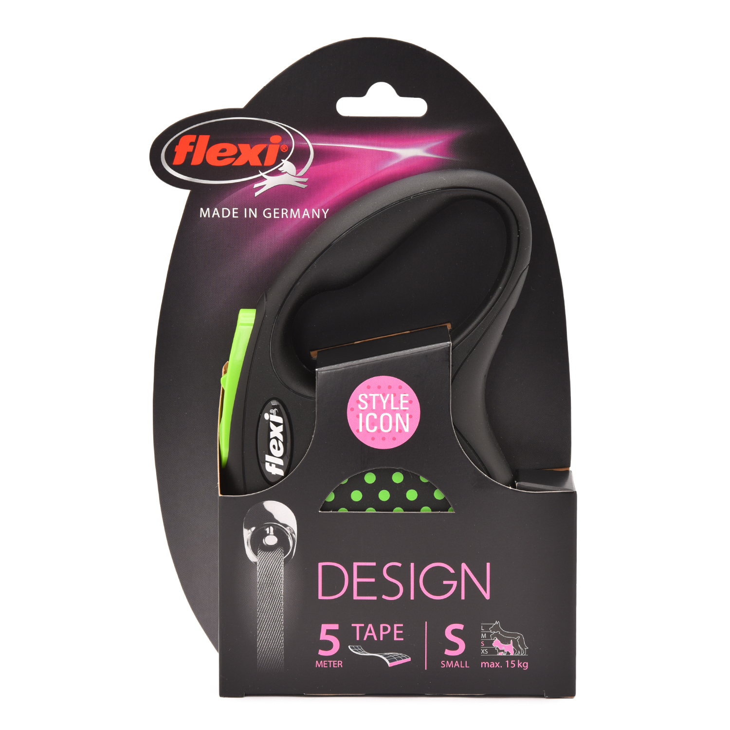 Рулетка Flexi Design S лента 5 м до 15 кг Черная-Зеленый горох - фото 2