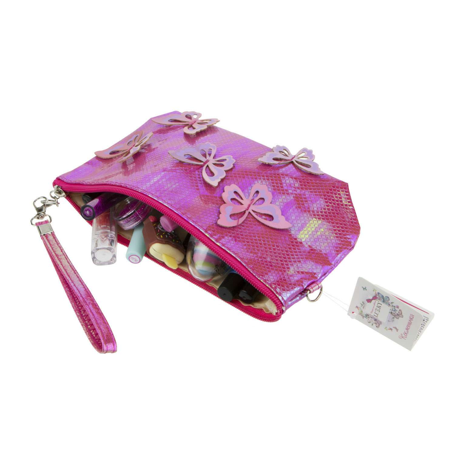 Пенал- косметичка Lukky с голографическими накладными бабочками розовая 24х13 см - фото 7