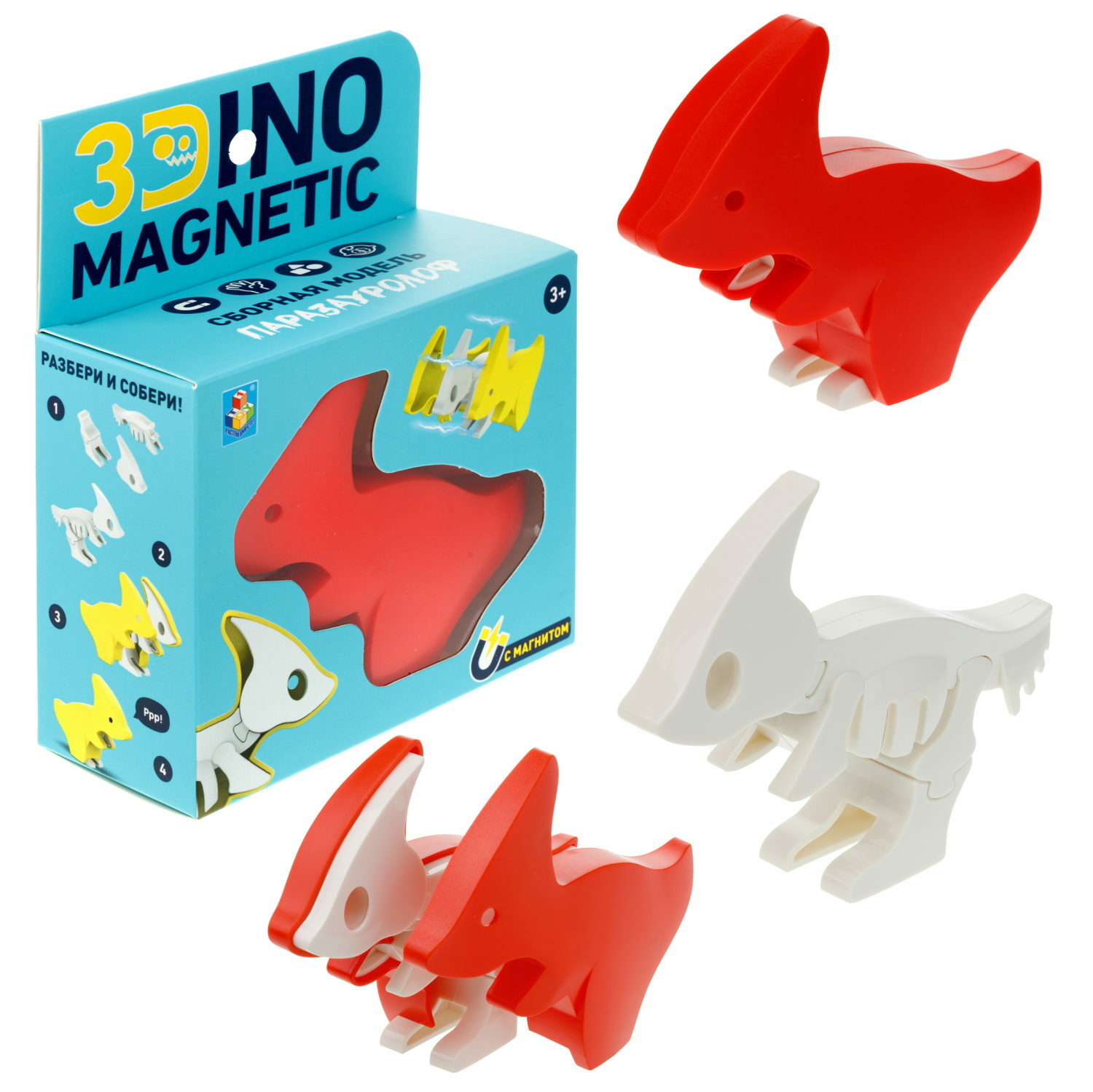 Сборная модель 1TOY 3Dino Magnetic динозавр Паразауролоф красный - фото 1