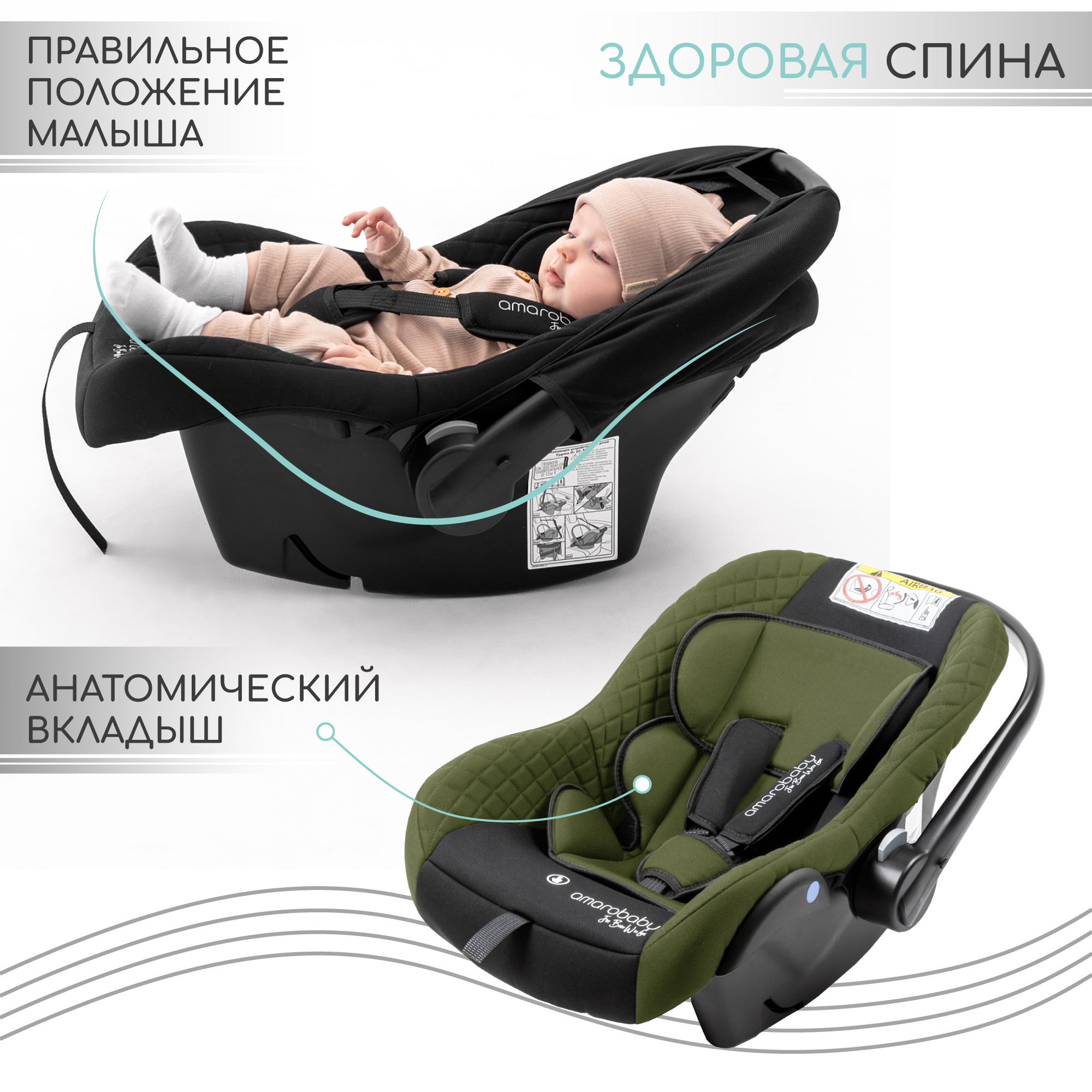 Автокресло Amarobaby Baby comfort группа 0+ Зелёный-Чёрный - фото 5