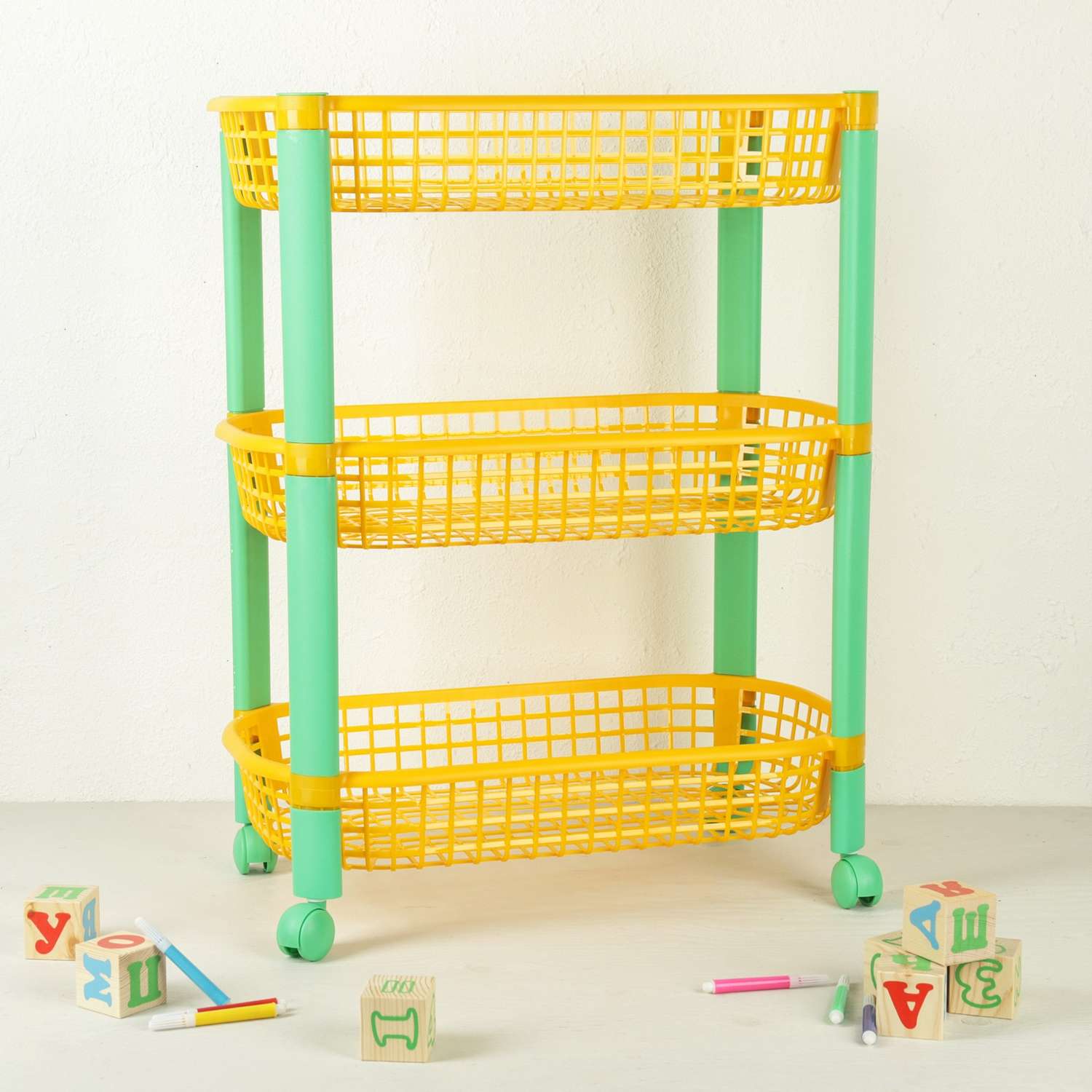 Этажерка Sima-Land для игрушек 3х секционная на колесах Конфетти цвет желтый - фото 1