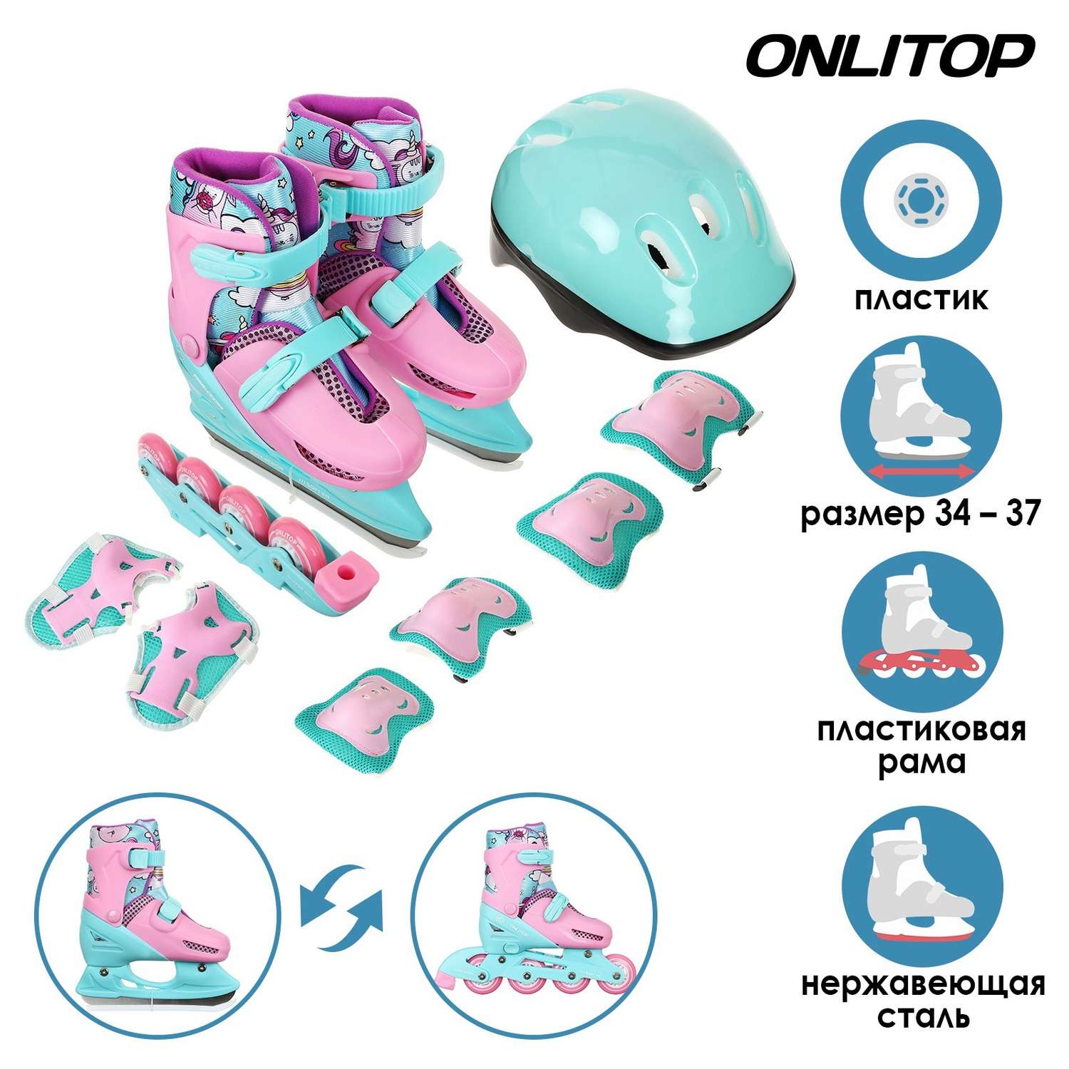 Набор ONLITOP коньки ледовые детские раздвижные. с роликовой платформой и защитой. размер 34-37 - фото 1