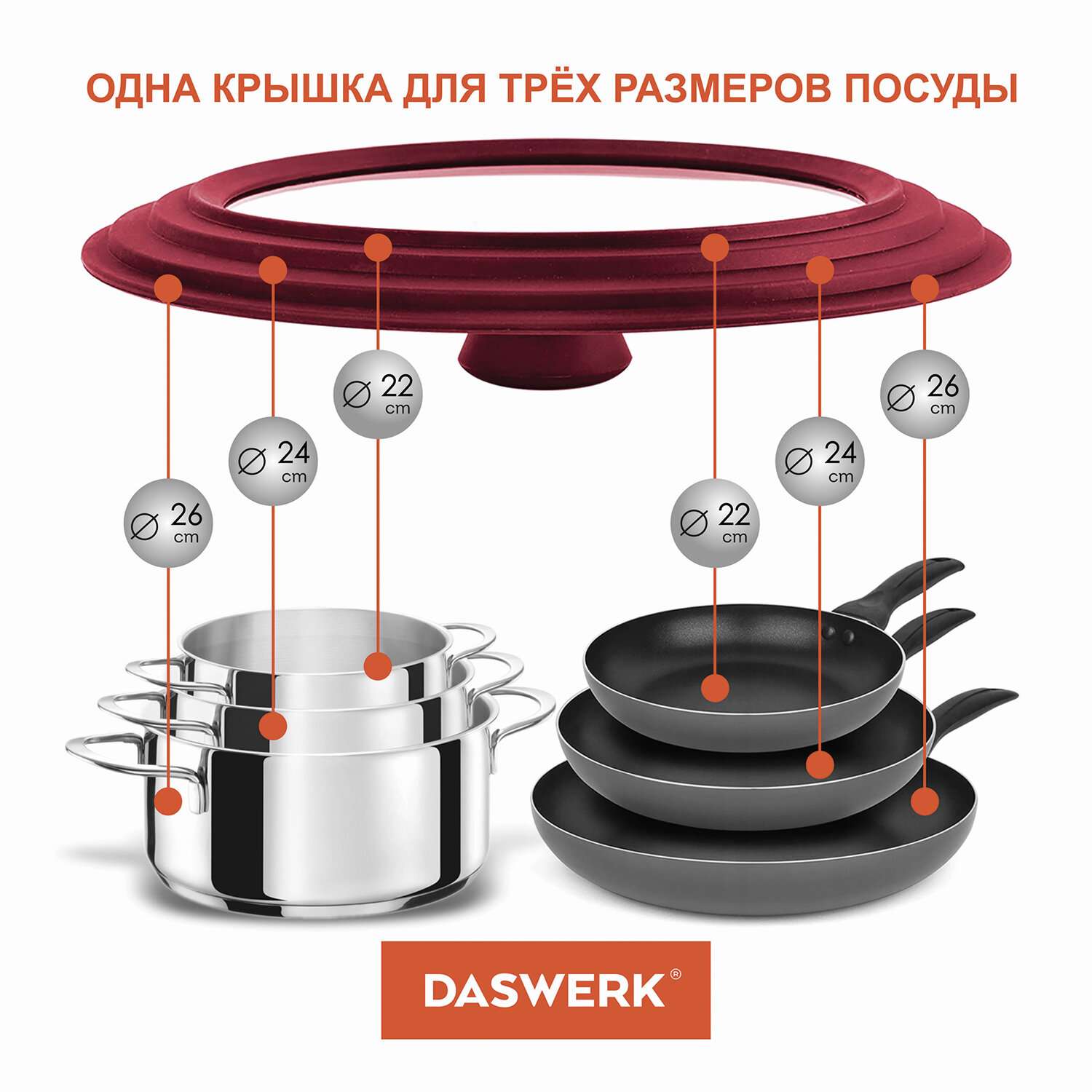 Крышка для сковороды DASWERK кастрюли посуды универсальная 3 размера 22-24-26см - фото 4