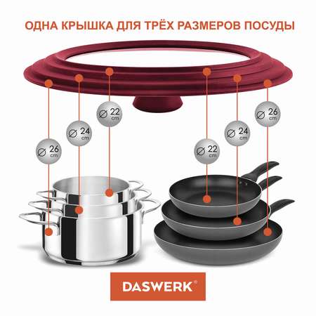 Крышка для сковороды DASWERK кастрюли посуды универсальная 3 размера 22-24-26см