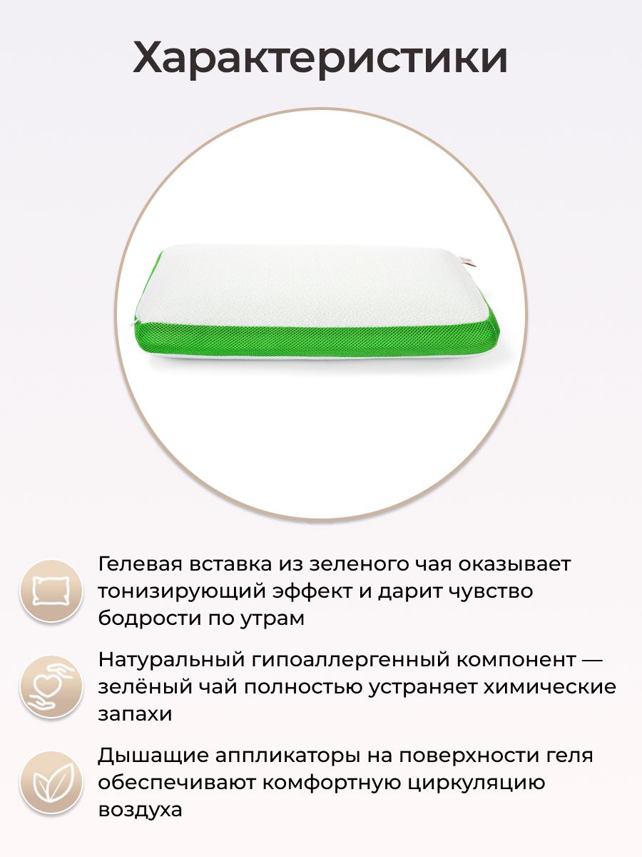 Подушка Arya Home Collection Memory Foam с Гелевой Вставкой из Зеленого Чая 60x40x13 Green Tea - фото 2