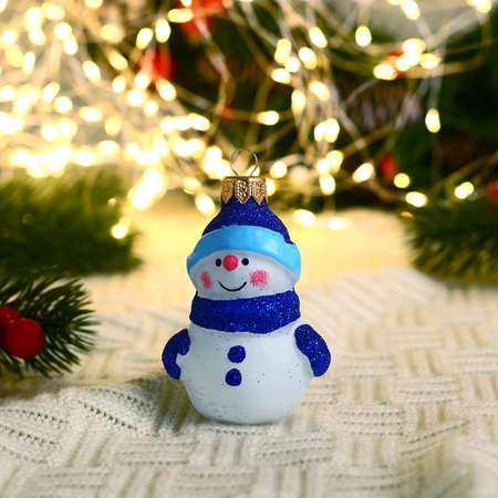 Ёлочная игрушка Evis «Снеговичок в шапочке» ручная роспись 8.4 см сине-белый