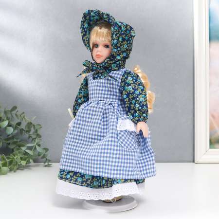 Кукла коллекционная Зимнее волшебство керамика «Маруся в синем цветочном платье и косынке» 30 см