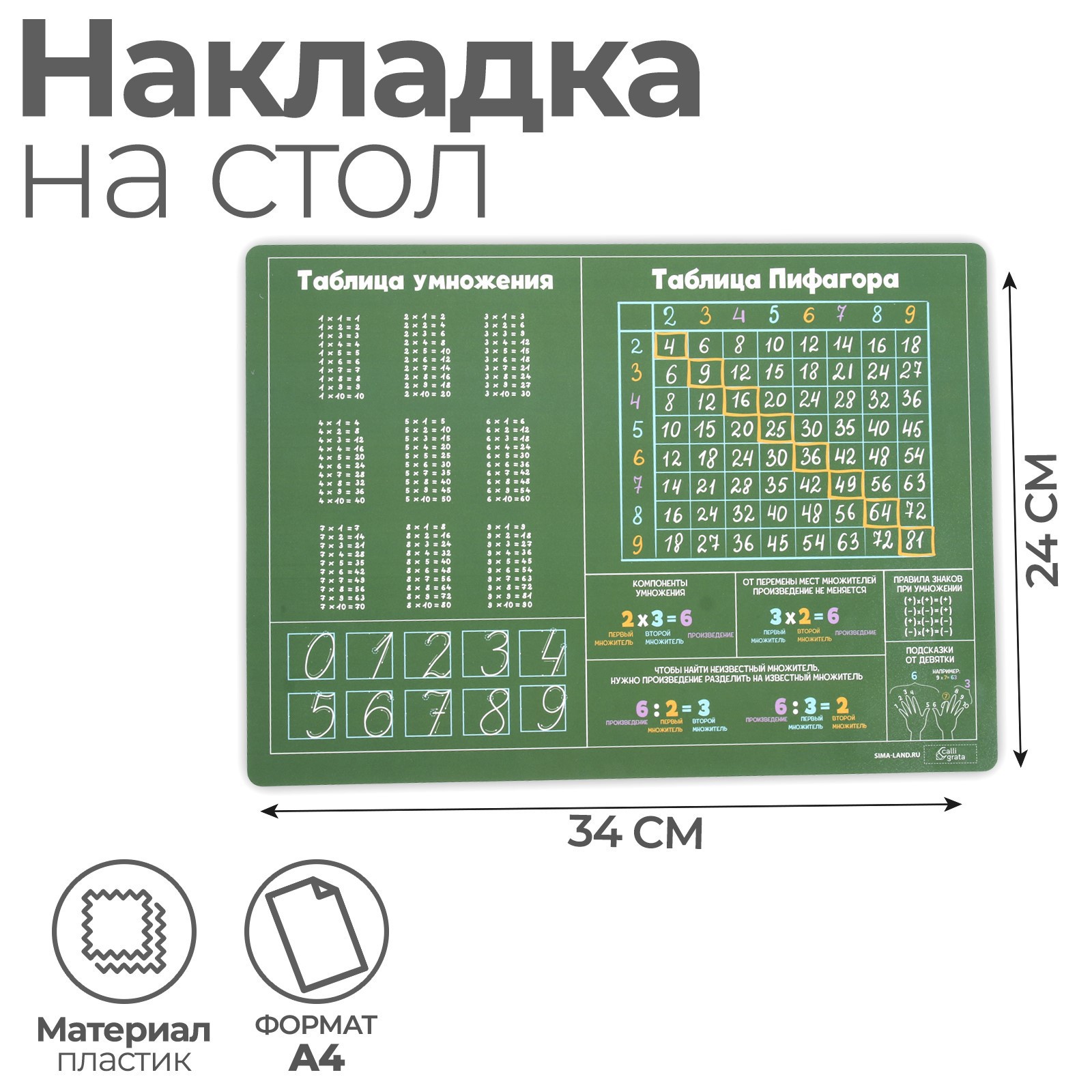 Накладка на стол Calligrata пластик А4 Обучающая Таблица Пифагора 339*244 КН-4 430 мкм - фото 1