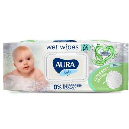 Влажные салфетки AURA Baby детские 0+ с ромашкой big-pack с крышкой 72 шт