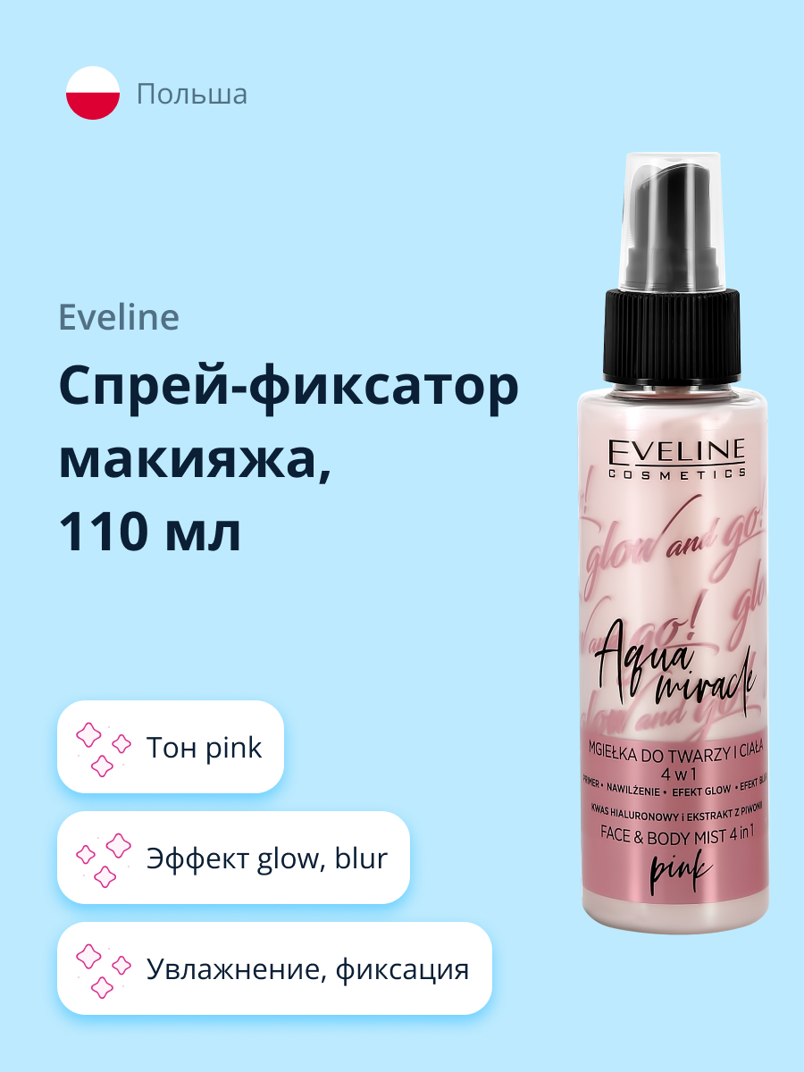 Спрей-фиксатор макияжа EVELINE Glow and go aqua miracle 4 в 1 pink 110 мл - фото 1