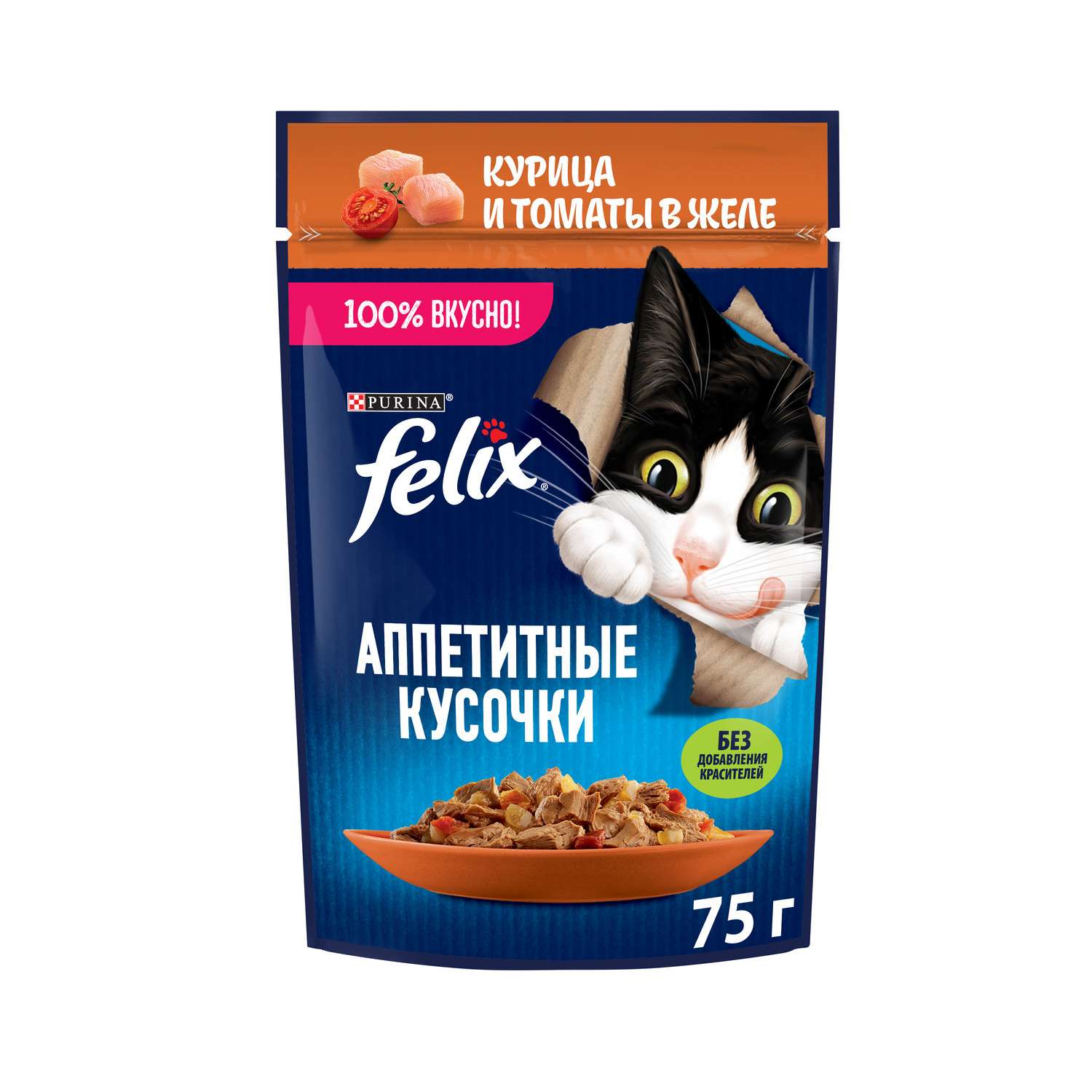 Корм для кошек Felix 75г Аппетитные кусочки для взрослых курица-томаты - фото 1
