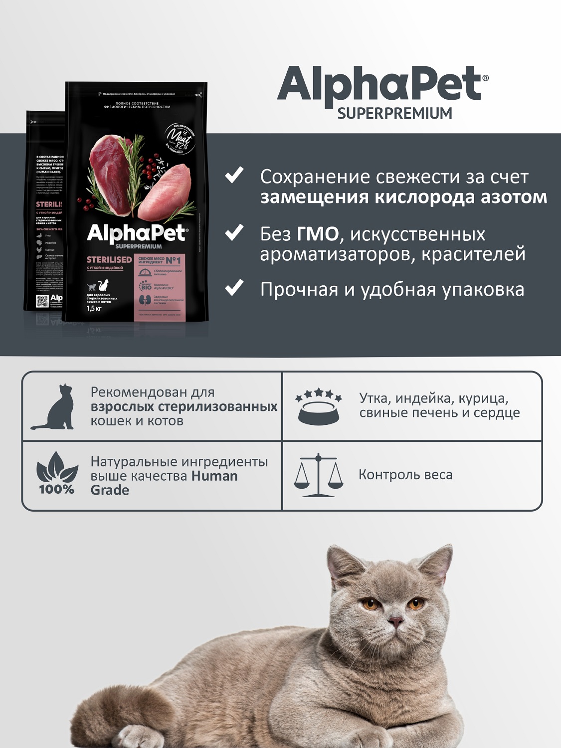 Корм для кошек AlphaPet superpremium sterilised взрослых стерилизованных утка-индейка 1.5кг - фото 3