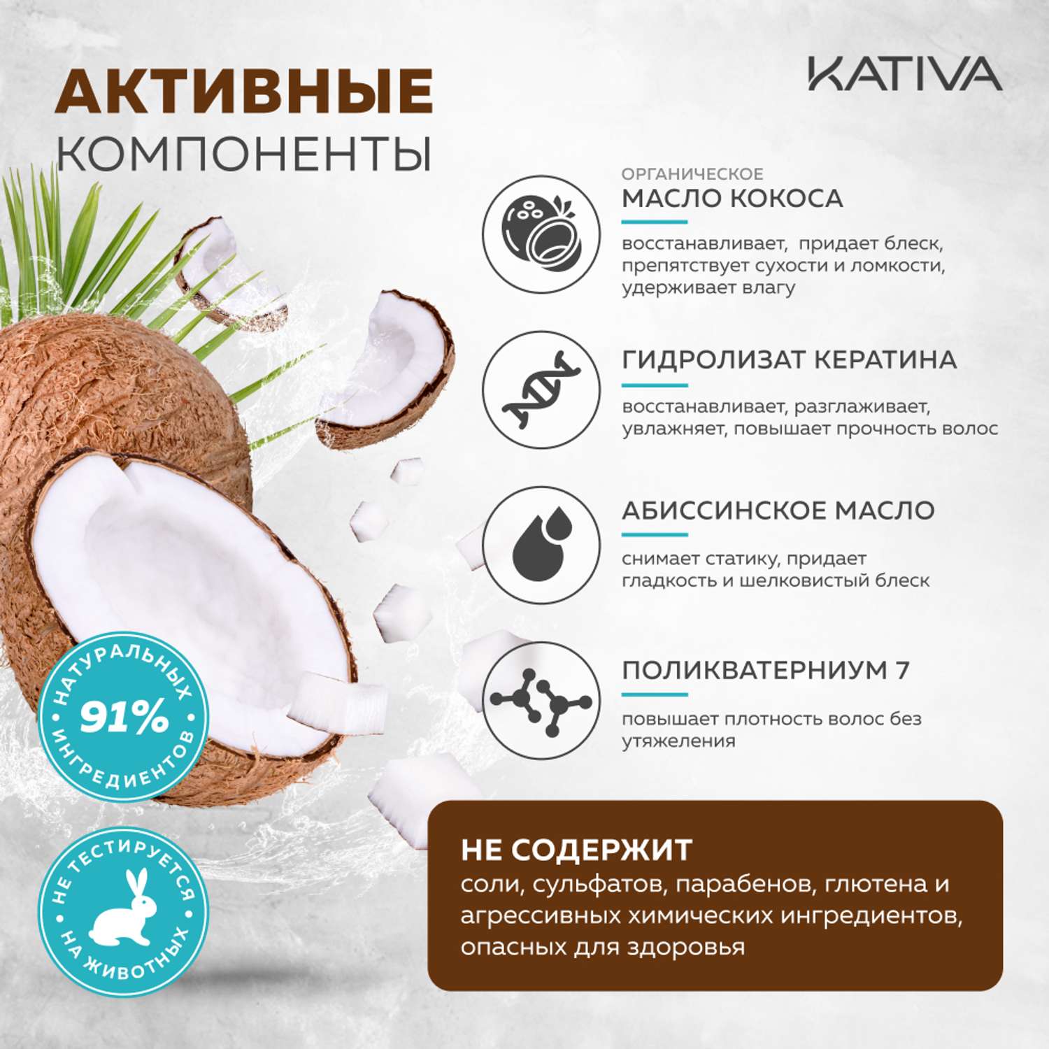 Восстанавливающий шампунь Kativa с органическим кокосовым маслом для поврежденных волос Coconut 250 мл - фото 4
