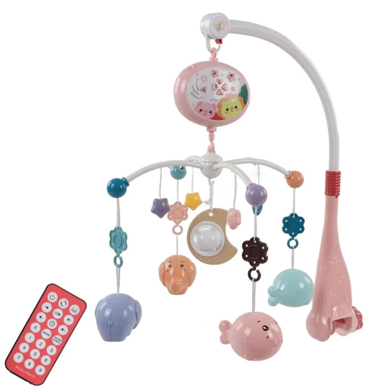 Мобиль розовый рыбки и слоник ТОТОША с пультом и проектором каруселька детская в кроватку для новорожденных - фото 3