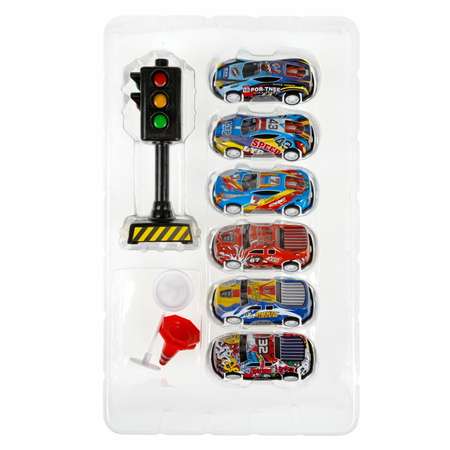 Игровой набор 1TOY Драйв Микромашинки 6 штук и светофор дорожные знаки