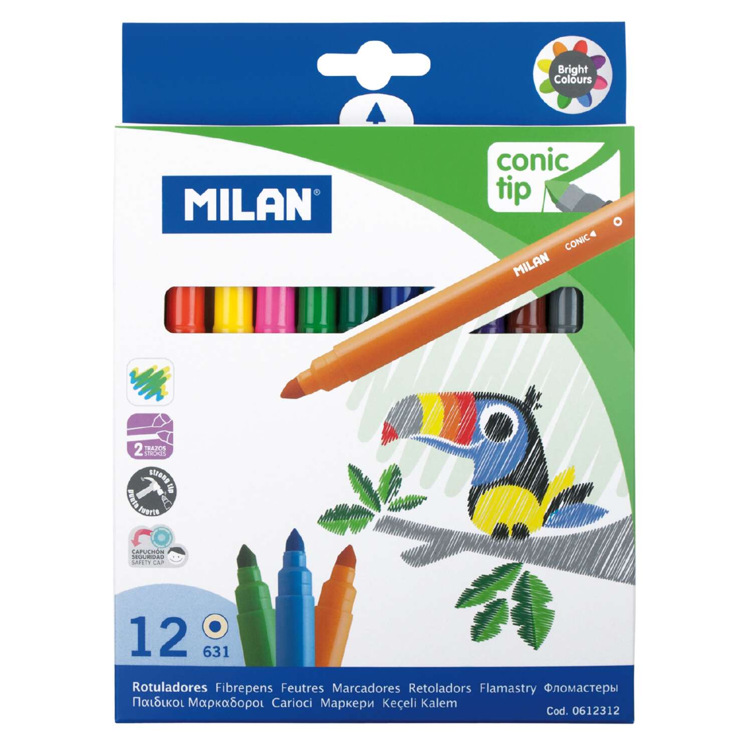 Набор фломастеров MILAN на водной основе 12 цветов смываемые конический наконечник в картонной упаковке - фото 1