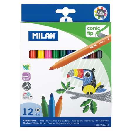 Набор фломастеров MILAN на водной основе 12 цветов смываемые конический наконечник в картонной упаковке