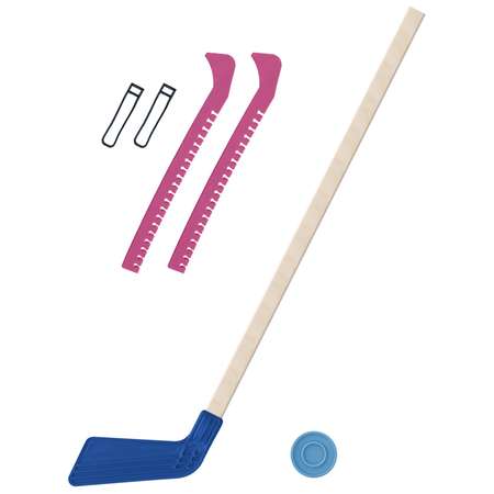 Набор для хоккея Задира Клюшка синяя 80 см + шайба + Чехлы для коньков розовые