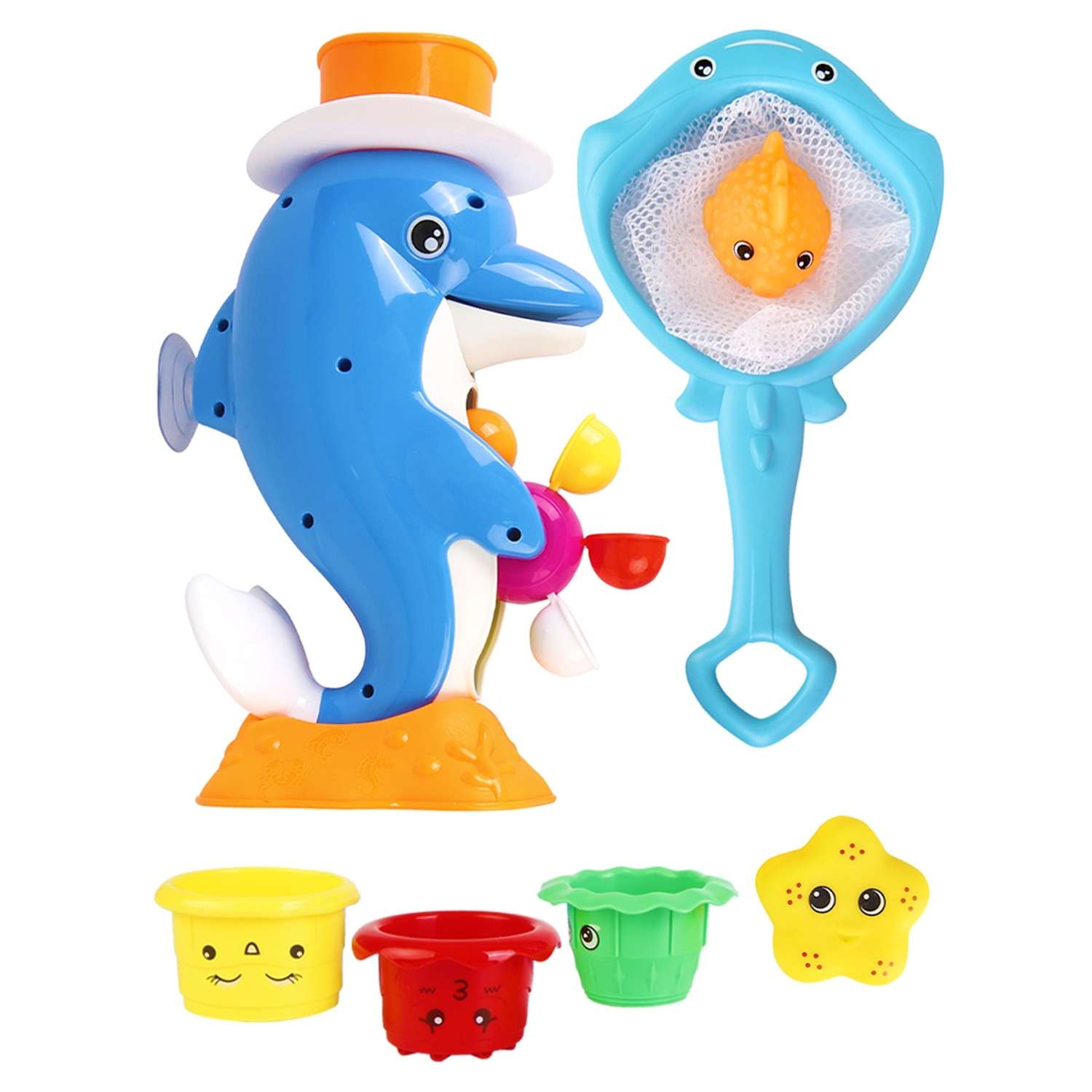 Набор игрушек для купания Mioshi Дельфин-фонтанчик 7 предметов - фото 1