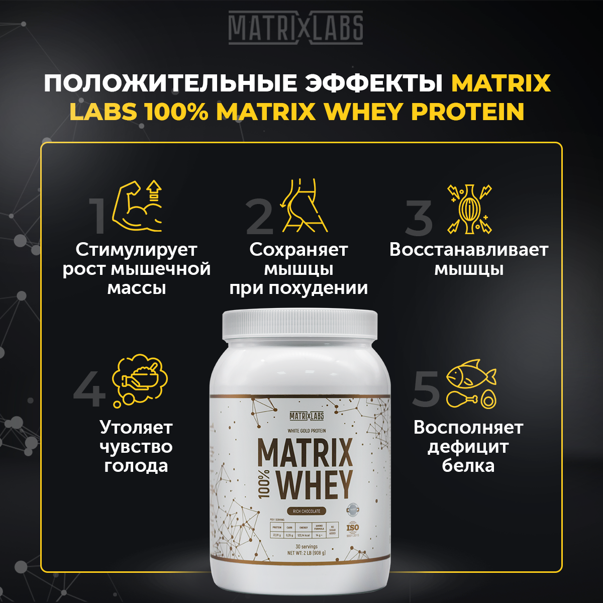 Протеин со вкусом шоколада 908 г Matrix Labs Протеин сывороточный со вкусом шоколада 908 г 100% Matrix Whey Matrix Labs - фото 2