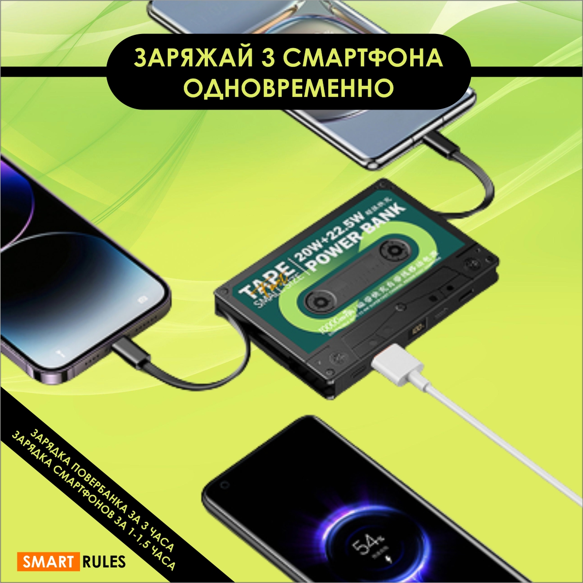 Повербанк SmartRules с дополнительными кабелями USB QC 3.0 PD - фото 5