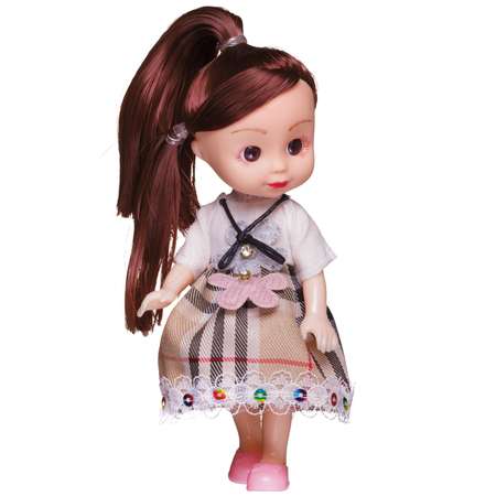 Игровой набор Junfa кукла 15 см в платье с белым верхом и юбкой шотландкой с питомцем